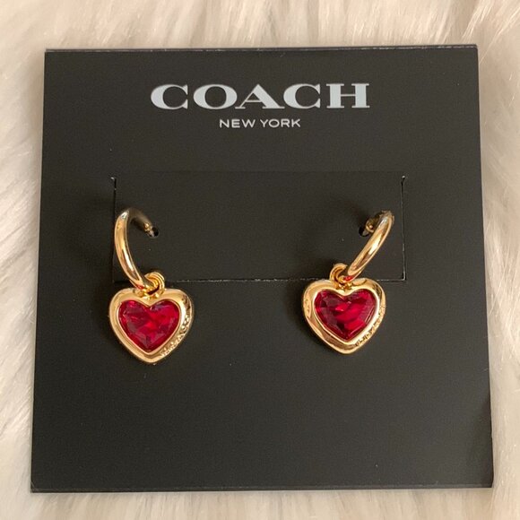 COACH Crystal Heart Charm Drop Huggies Earrings in Red/Gold - Picture 1 of 2